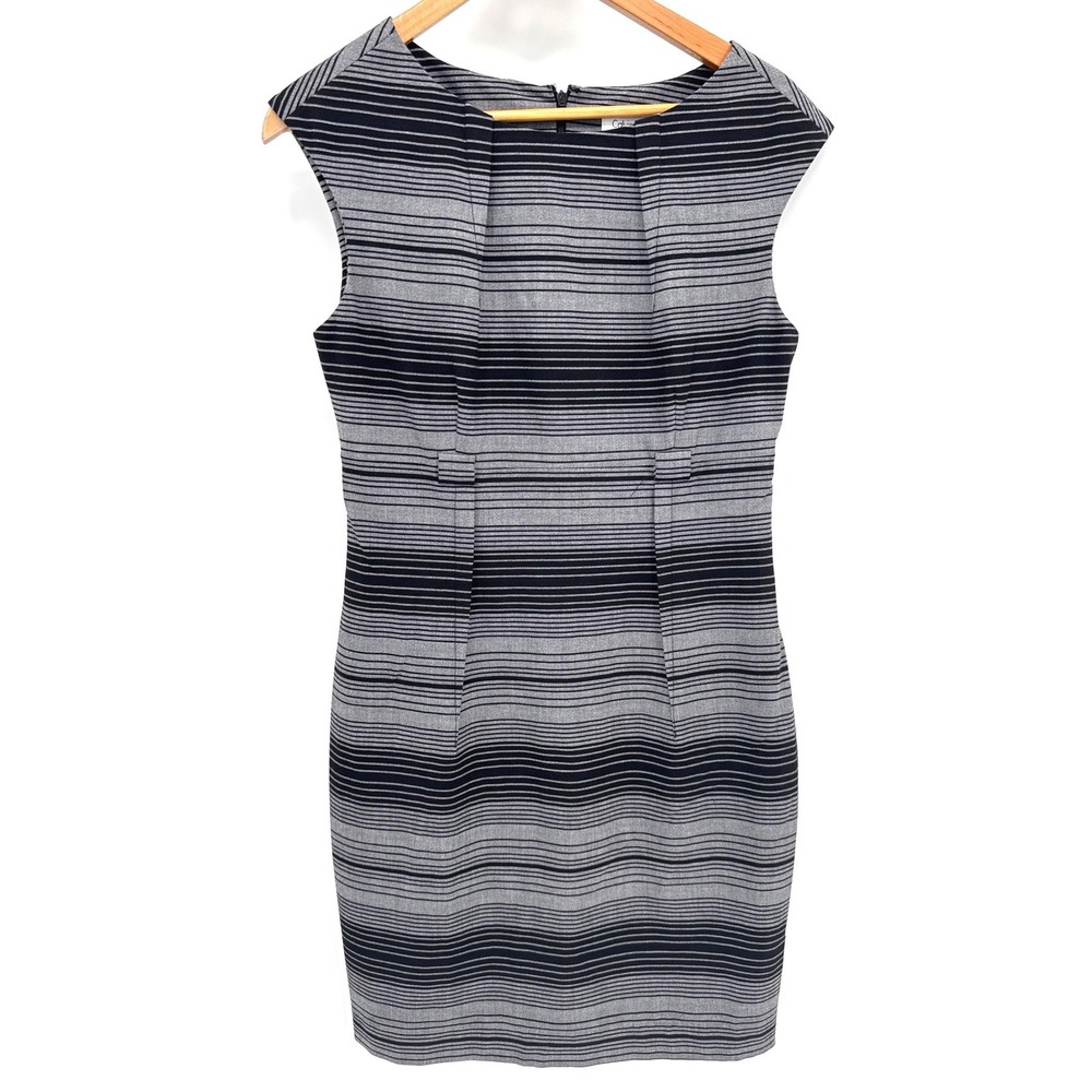 Calvin Klein Women Sheath Dress 8 Grey Black Striped Sleeveless Business Work
